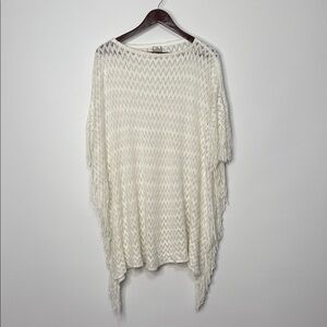 Chico's White Open-Knit Fringe Poncho Sweater L/XL